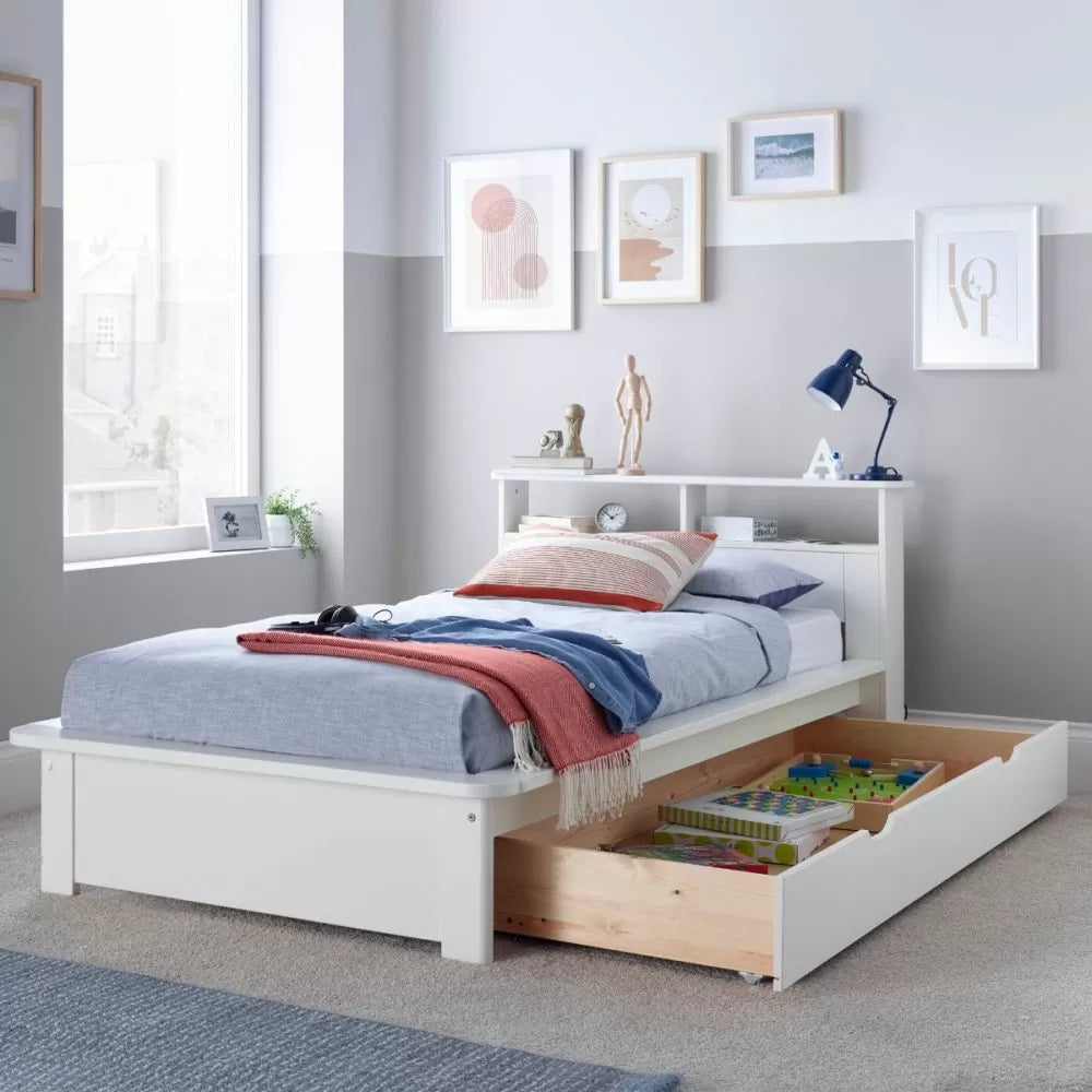 Fraser White Wooden Bookcase Bed with Optional Drawer