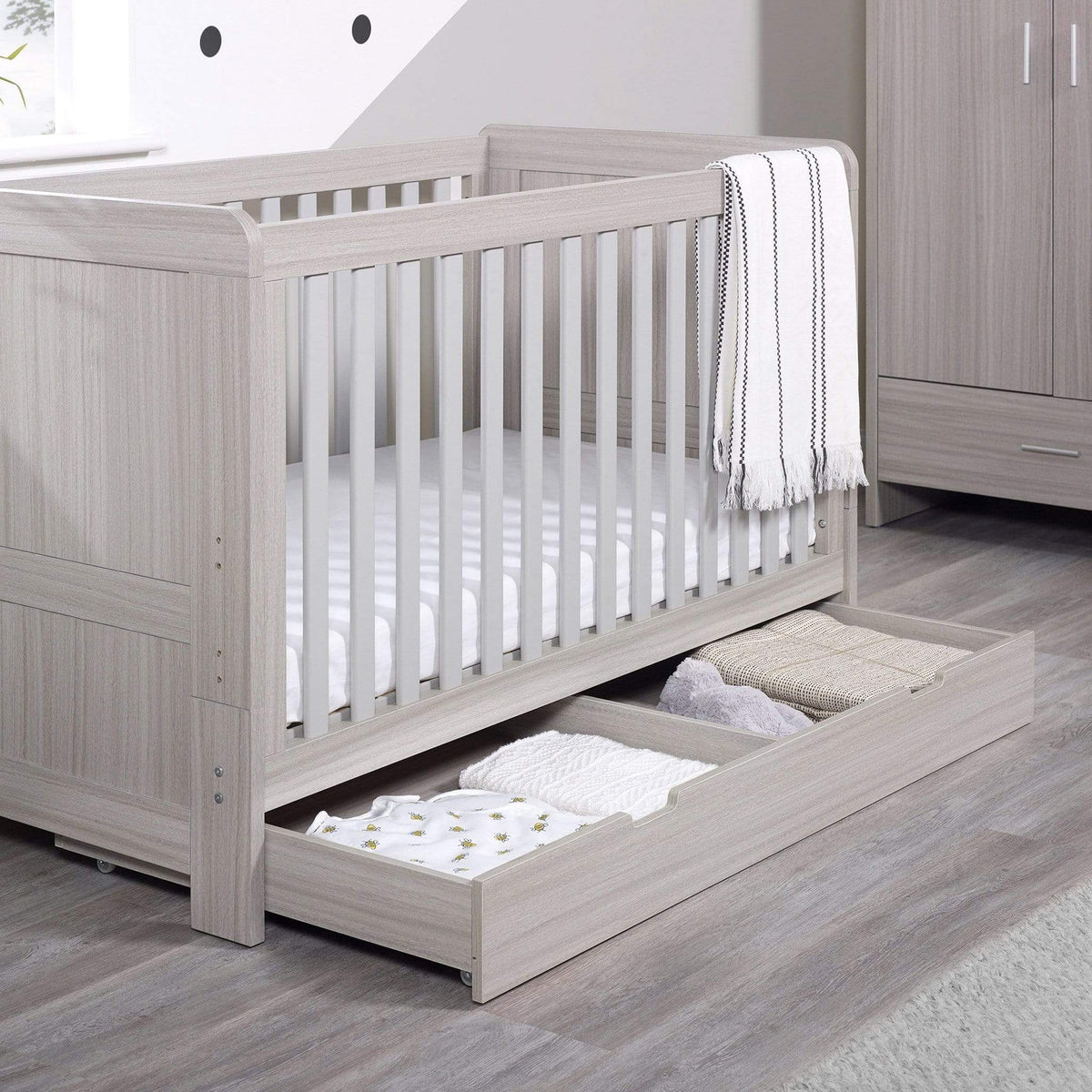 Ickle Bubba Pembrey Cot Bed, Under Drawer and All Seasons Premium Pocket Sprung Mattress Mattress